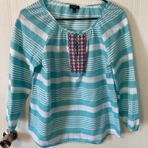 TALBOTS Woman Top Med Petite Turquoise/White with Beads Boho Vacation